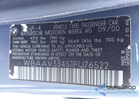 2001 BMW 325I from USA, damaged, VIN WBAAV33451FU76522